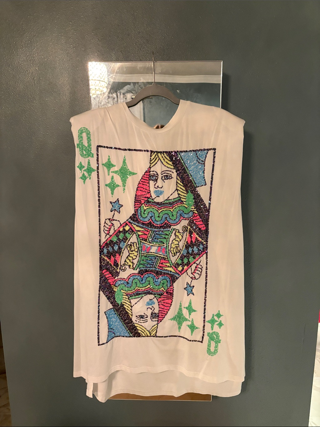 Queen Of Sparkles White Mini Dress With Multicolor Sequin Playing Card Motif